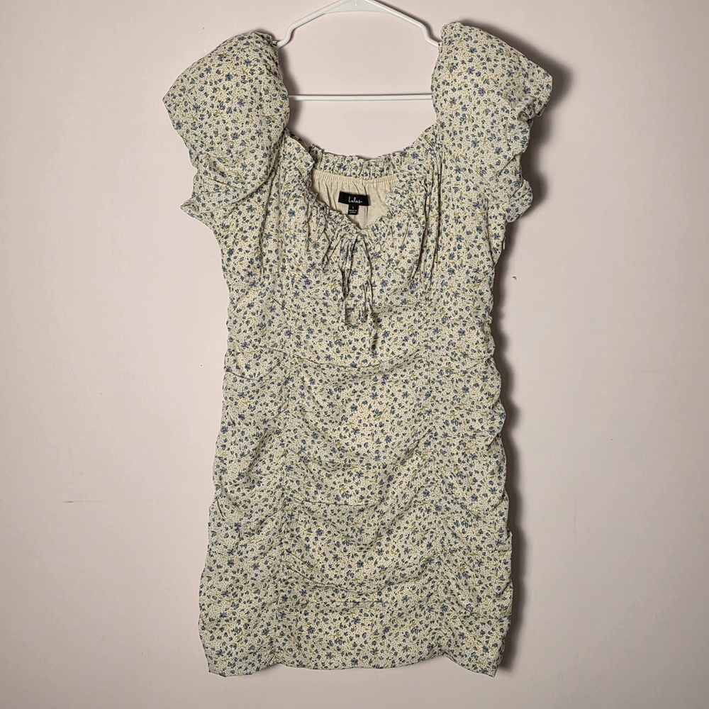 Lulus Blue Floral Ruched Mini Dress Puff Sleeve Cottagecore Romantic Size L